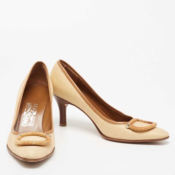 Salvatore Ferragamo Beige/brown Woven Canvas And Leather Pumps Size 37.5